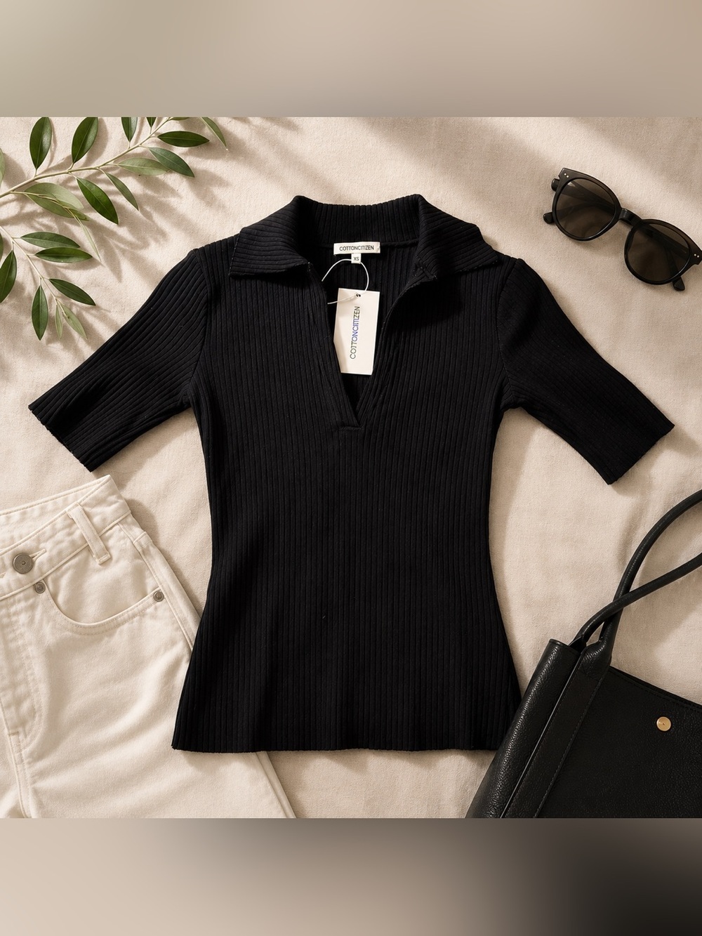 Cotton Citizen Ibiza Black Ribbed Polo V-Neck Top XS Made in USA